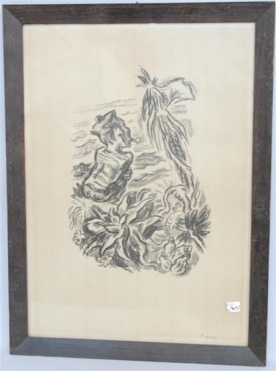 Appraisal: PENCIL DRAWING Sailor on a tropical bench Initialed lower right