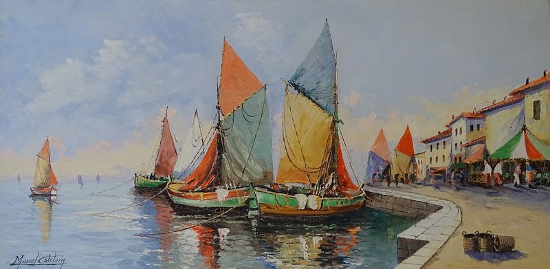 Appraisal: Large Artist Signed Sailboat Harbor Scene Large Artist Signed Sailboat