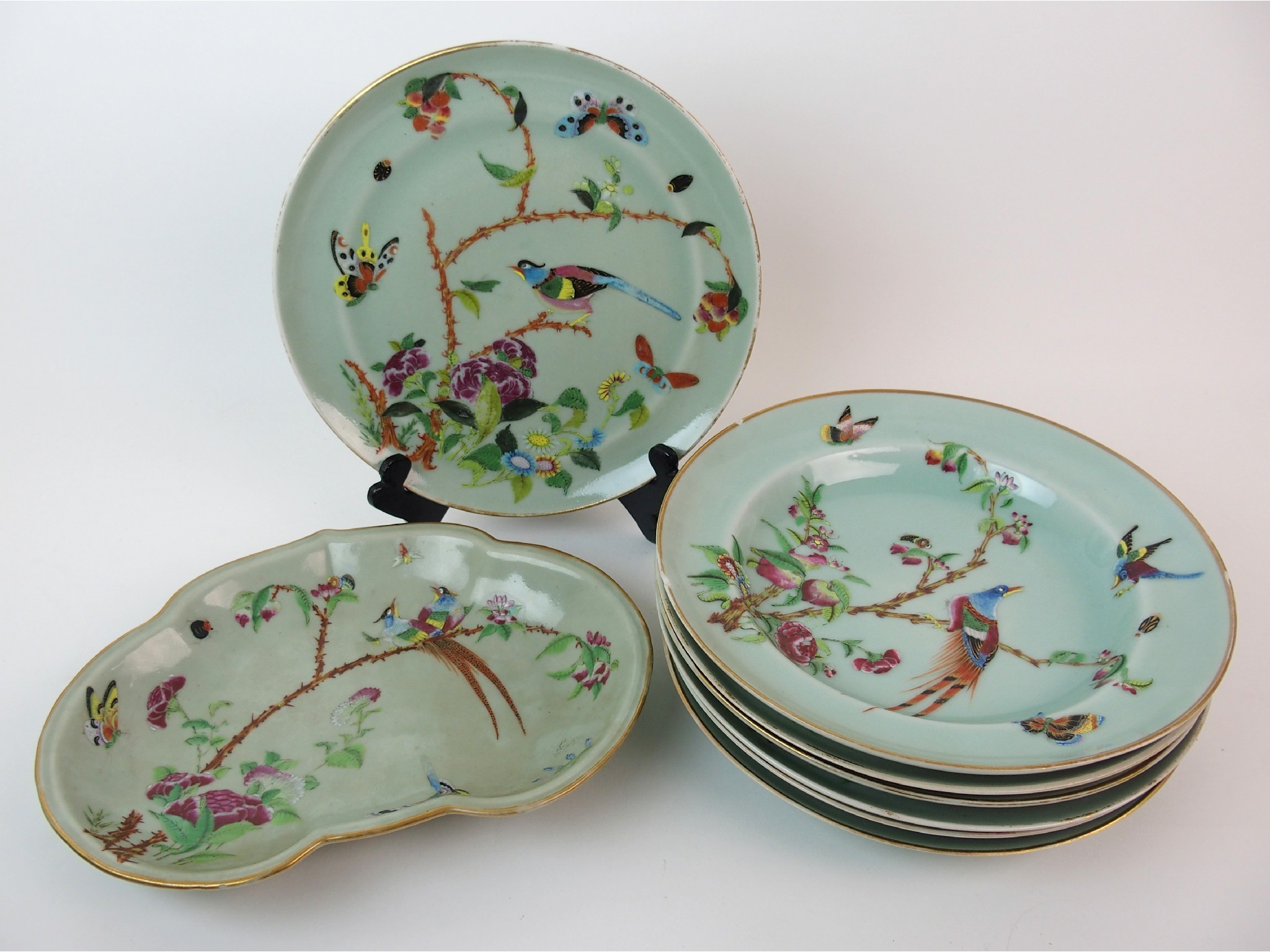 Appraisal: Six Cantonese famille rose celadon ground soup platespainted with birds