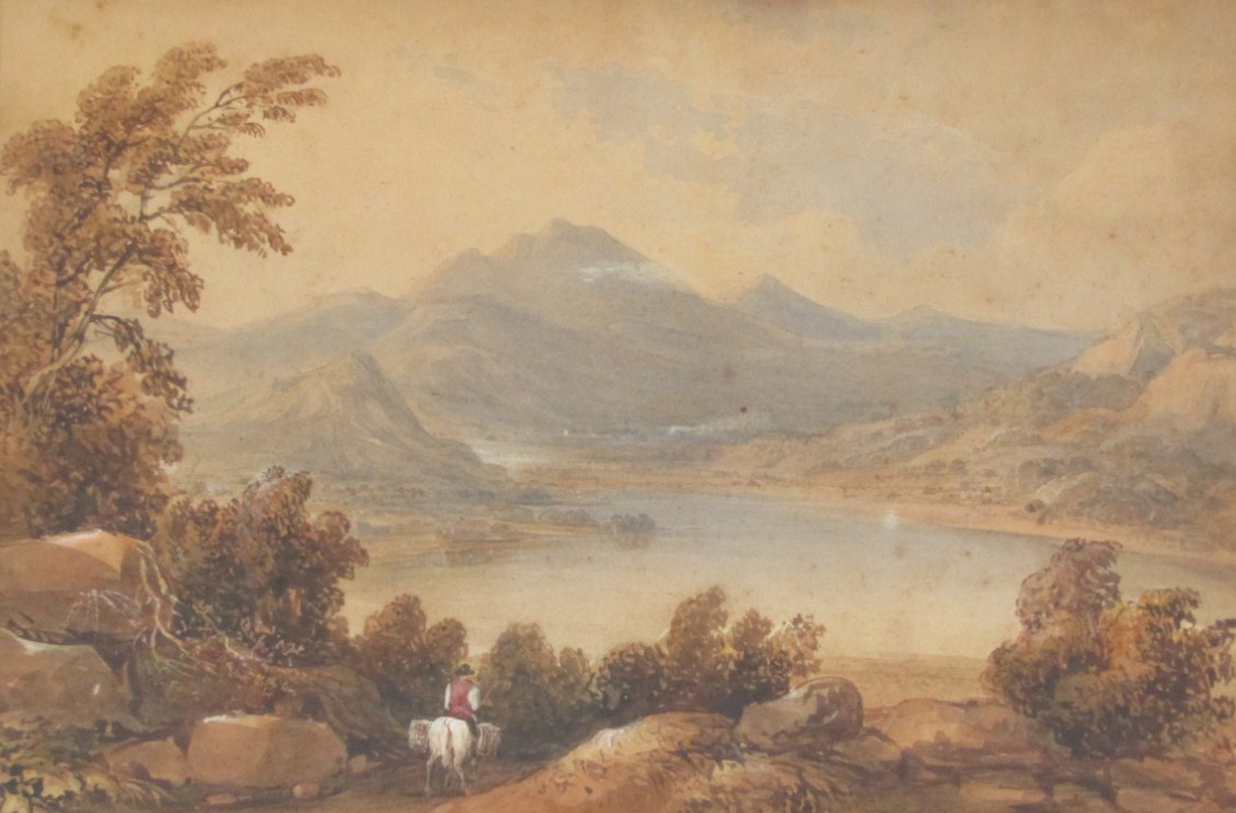 Appraisal: thC British School Lake landscape with figure on horse watercolour