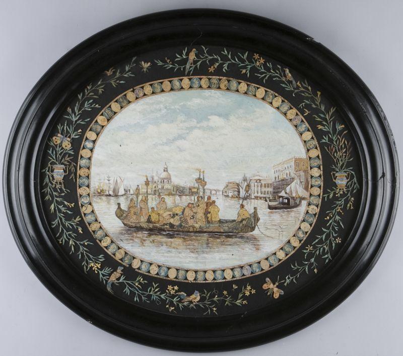 Appraisal: Victorian Venetian Painting Collage on Glass oval form glass panel