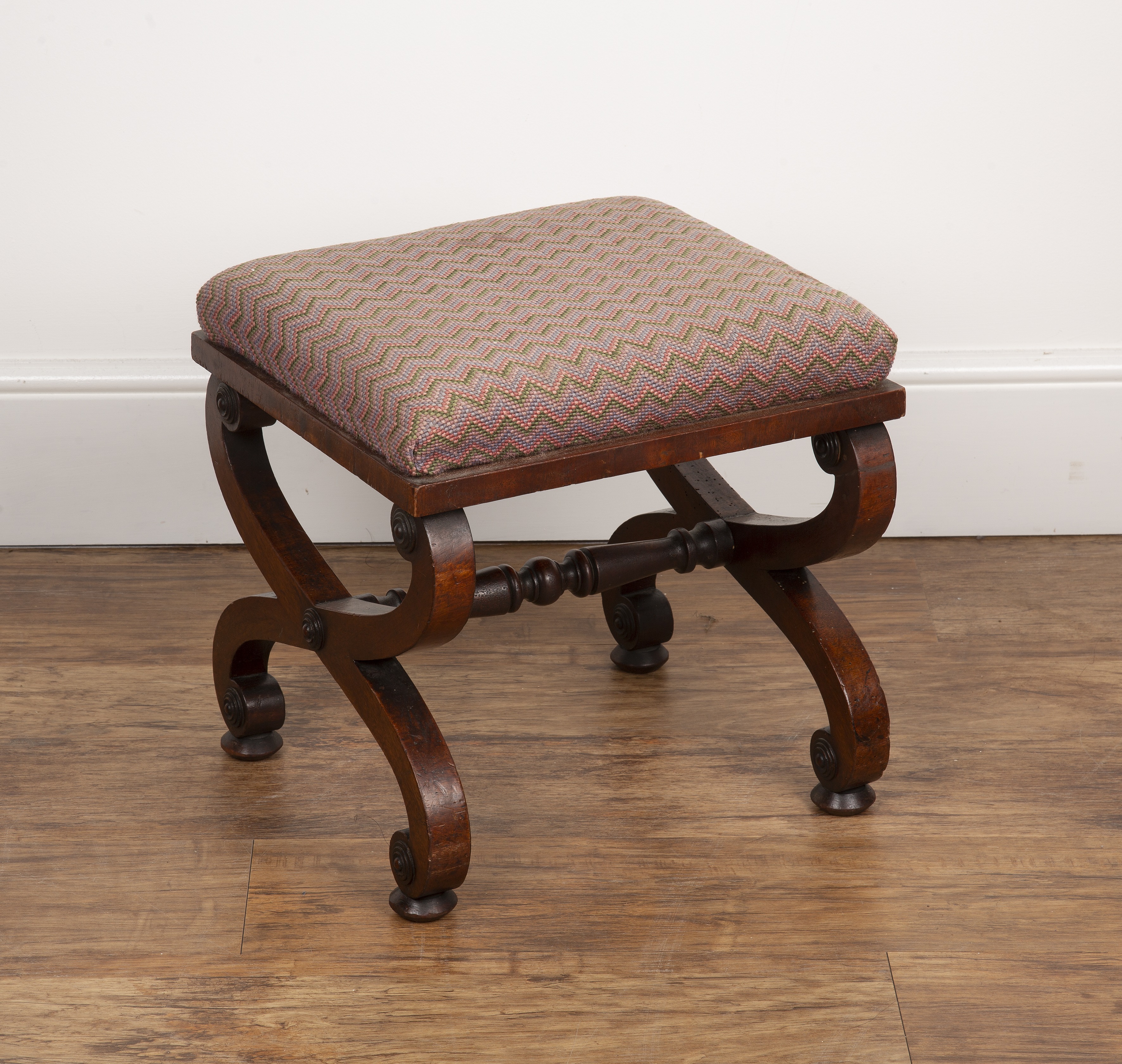 Appraisal: Mahogany 'X' frame stool th Century with tapestry cover cm