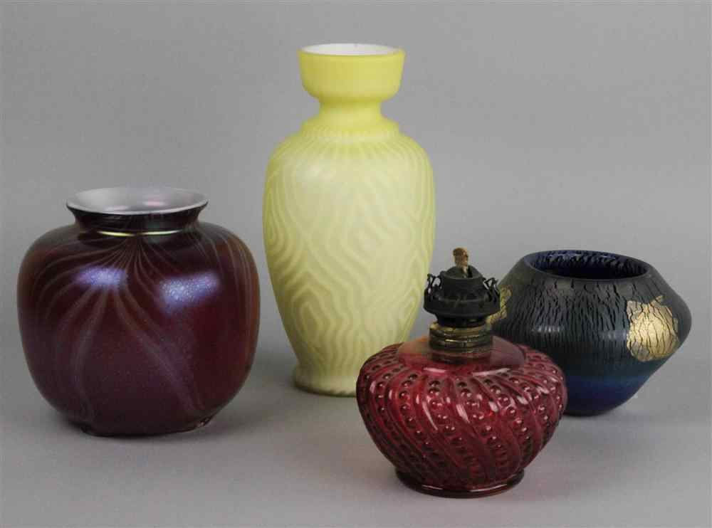 Appraisal: FOUR GLASS PIECES including a yellow quilted satin glass vase