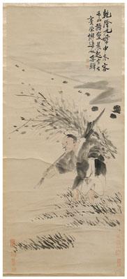 Appraisal: Chinese hanging scroll ink and color on paper vigorously painted