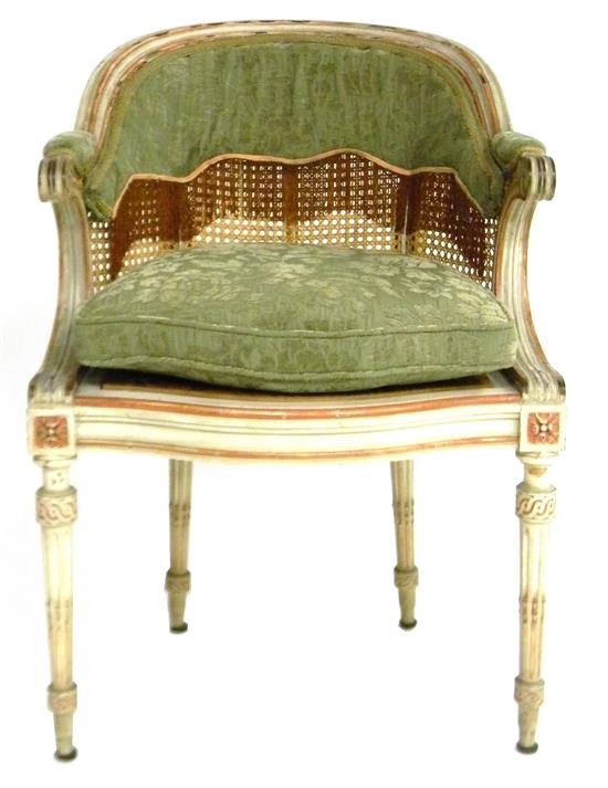 Appraisal: French style bergere armchair carved frame painted white with salmon