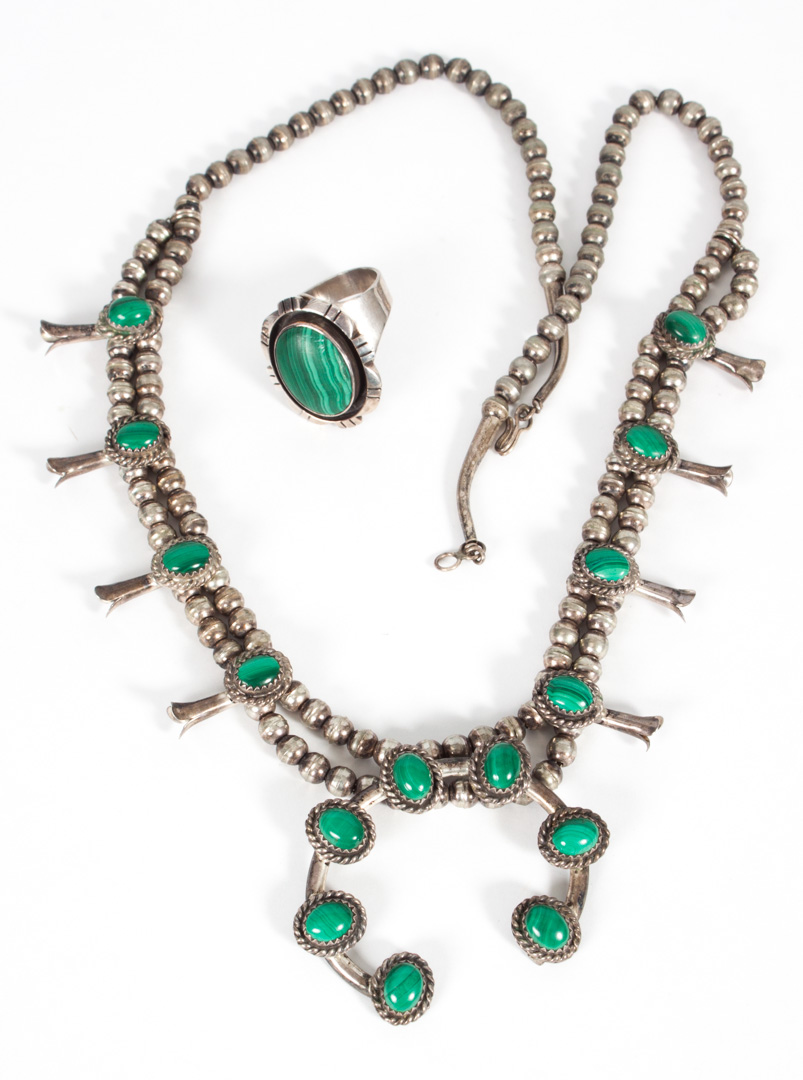 Appraisal: Navajo squash blossom necklace sterling silver and malachite together with