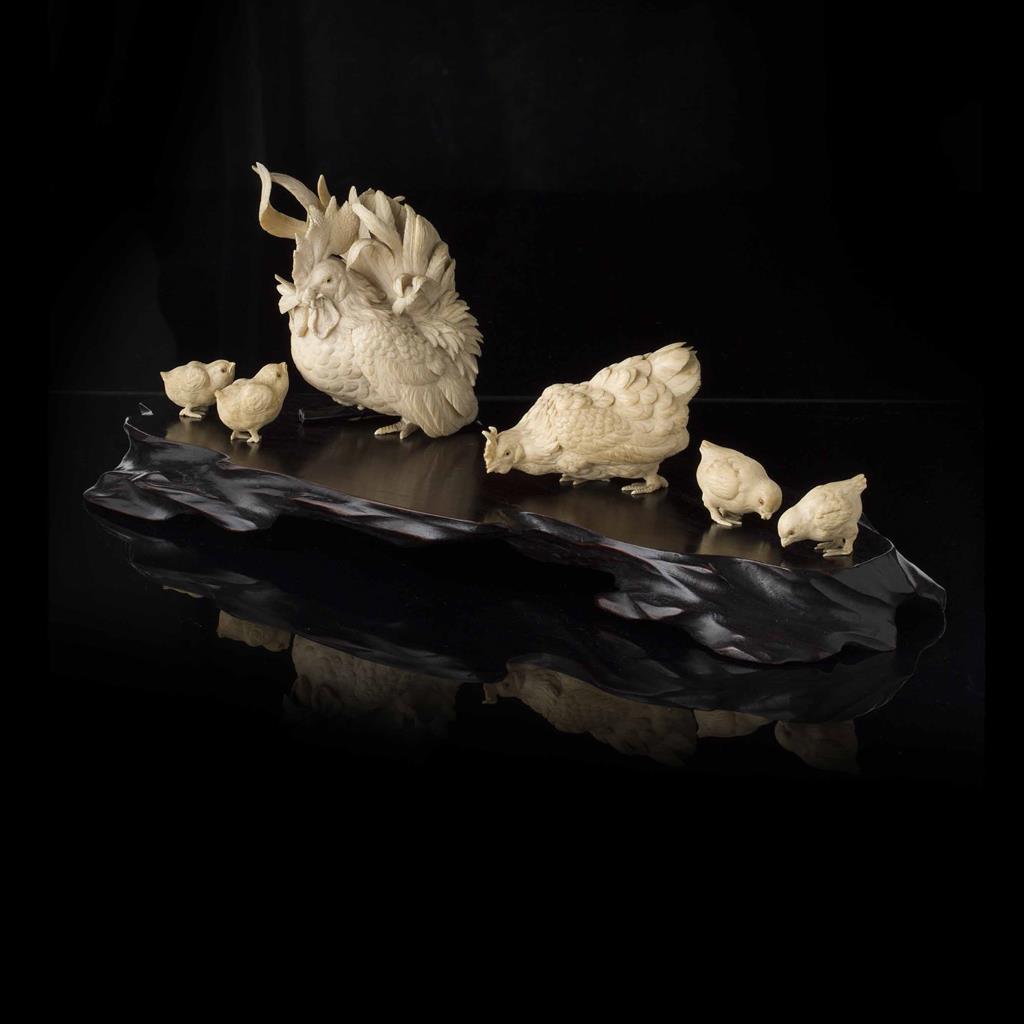 Appraisal: YJAPANESE IVORY OKIMONO OF A CHICKEN FAMILY BY RYUSAI MEIJI