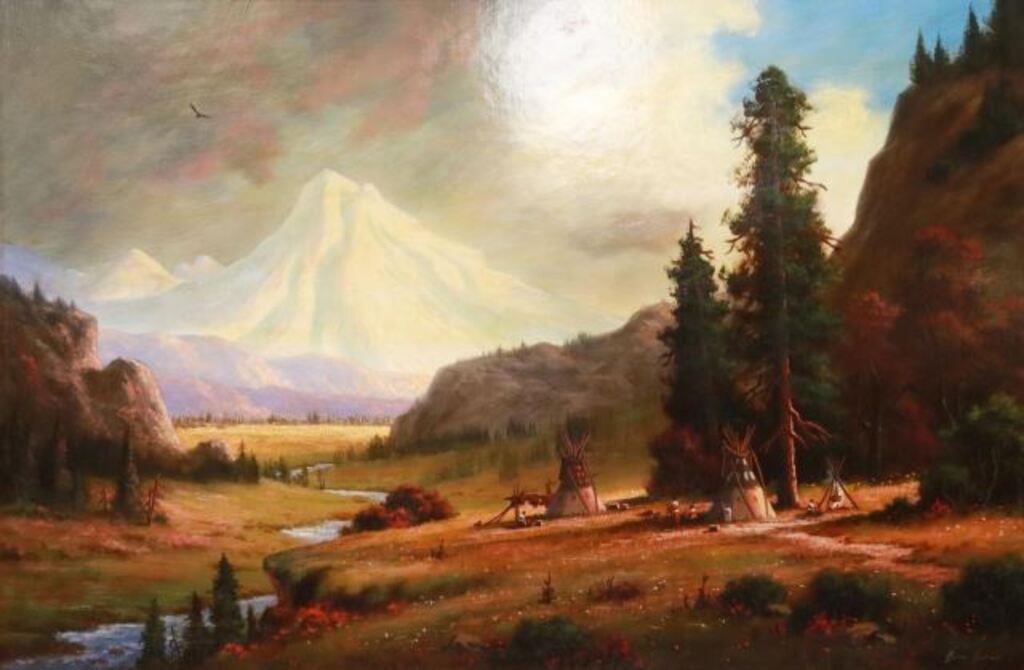 Appraisal: Framed oil on board painting Flathead Camp Below Mount Hood