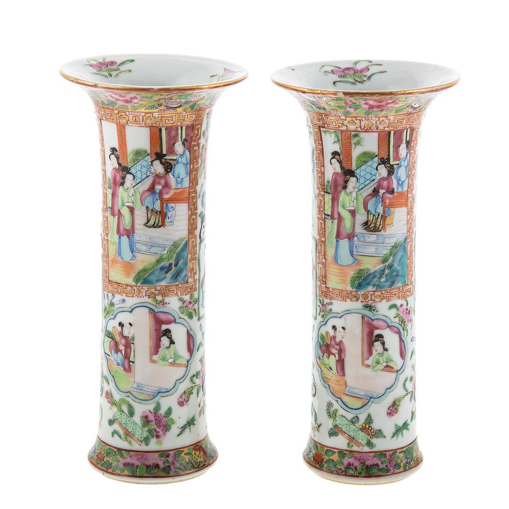 Appraisal: Pair Chinese Export Rose Mandarin Trumpet Vases Circa - for