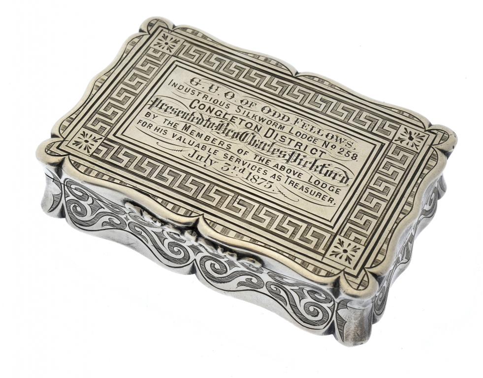 Appraisal: A VICTORIAN SILVER SNUFF BOX engraved with an inscription and