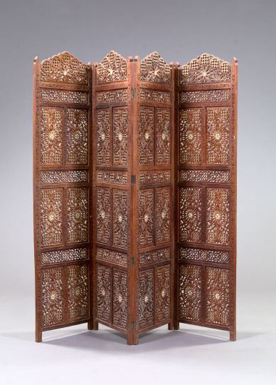 Appraisal: Anglo-Indian Carved Teakwood and Bone-Inlaid Four-Panel Folding Screen each frame