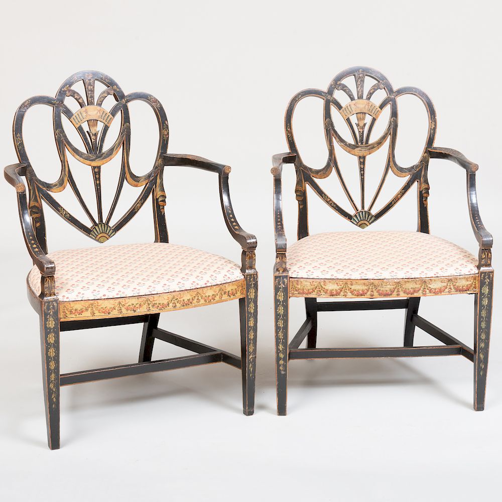 Appraisal: Pair of George III Black Japanned Shield-Back Armchairs Pair of