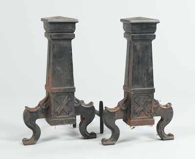 Appraisal: Arts Crafts Pillar Andirons Handsome pair of andirons heavy and