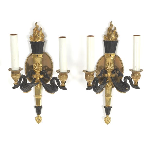 Appraisal: PAIR OF FRENCH EMPIRE STYLE BRONZE BRASS AND BLACKENED SWAN