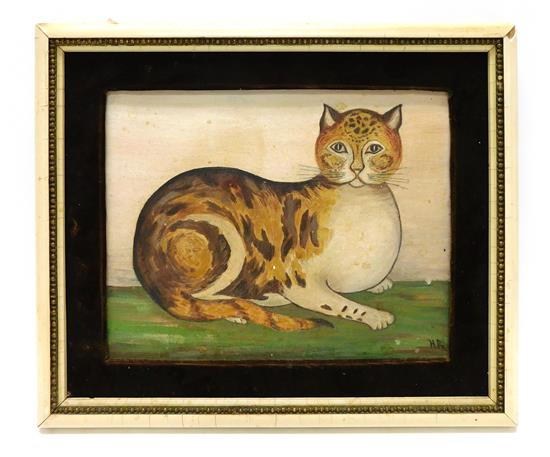 Appraisal: Na ve oil on board depicting large calico tabby cat