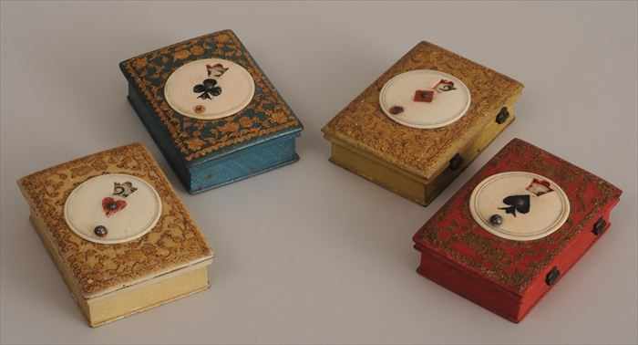 Appraisal: SET OF FOUR IVORY-MOUNTED PAINTED WOOD GAME BOXES Each with