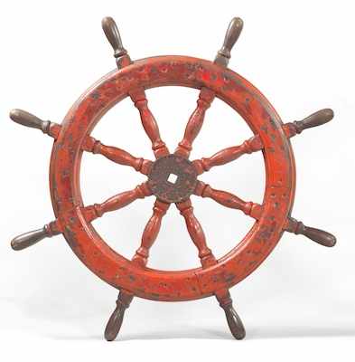 Appraisal: A Vintage Ship's Wheel Carved wood with red pigment metal