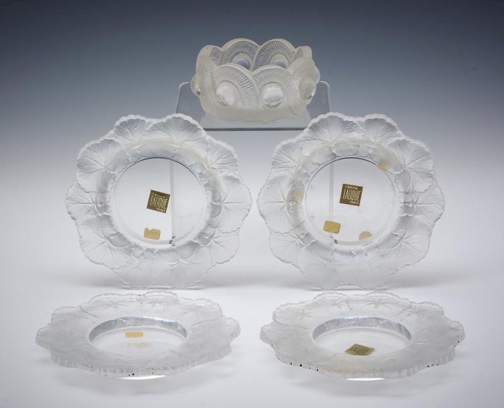 Appraisal: Grouping of five Lalique bowls Honfleurs geranium leaf and pearl