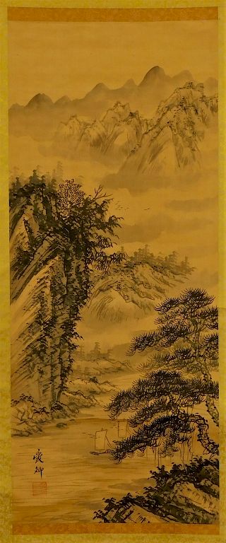 Appraisal: Japanese Mountain Landscape Hanging Wall Scroll Japan Trees frame a