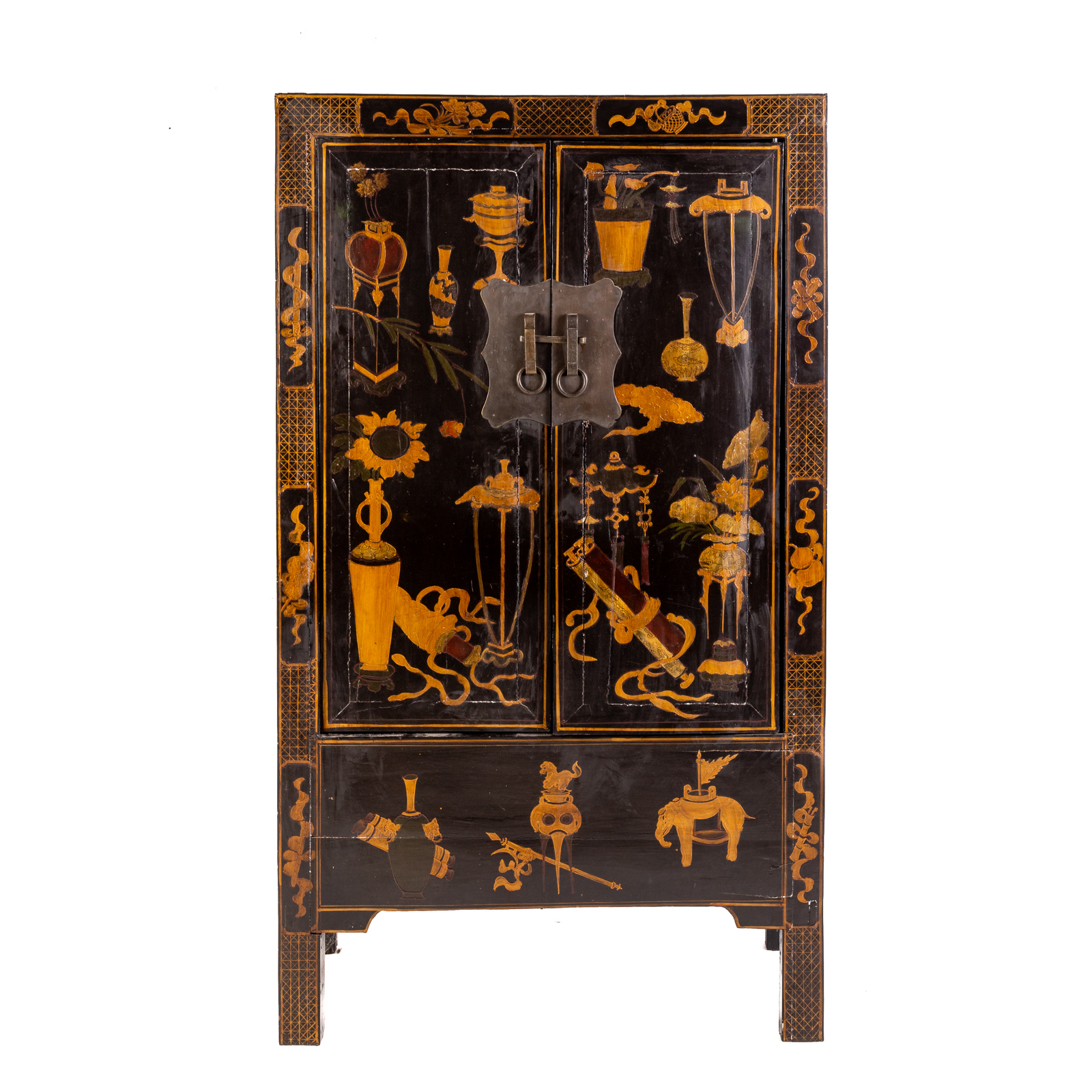 Appraisal: CHINESE BLACK LACQUERED CABINET Early th century Black ground with