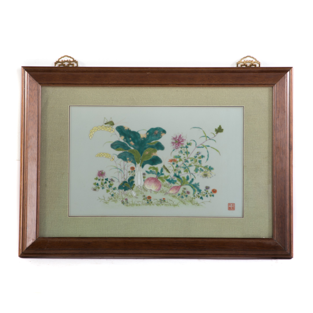 Appraisal: Chinese painted porcelain plaque th century decorated with vegetables and