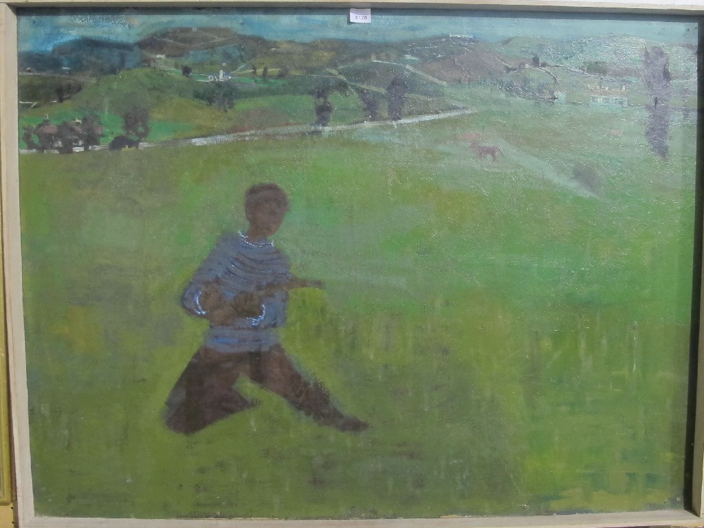 Appraisal: Oil on board 'Man Playing a Banjo in Landscape' unsigned