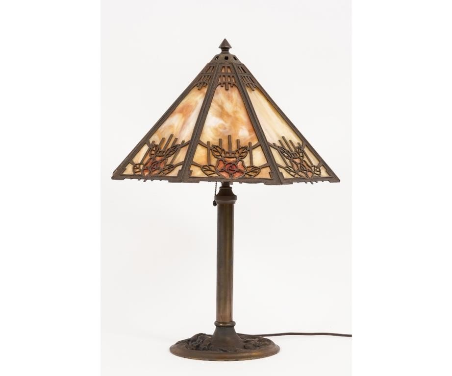 Appraisal: Slag glass table lamp with a faux bronze metal Art