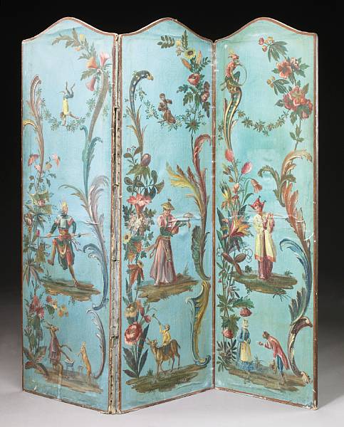 Appraisal: A chinoiserie paint decorated leather three fold floor screen second