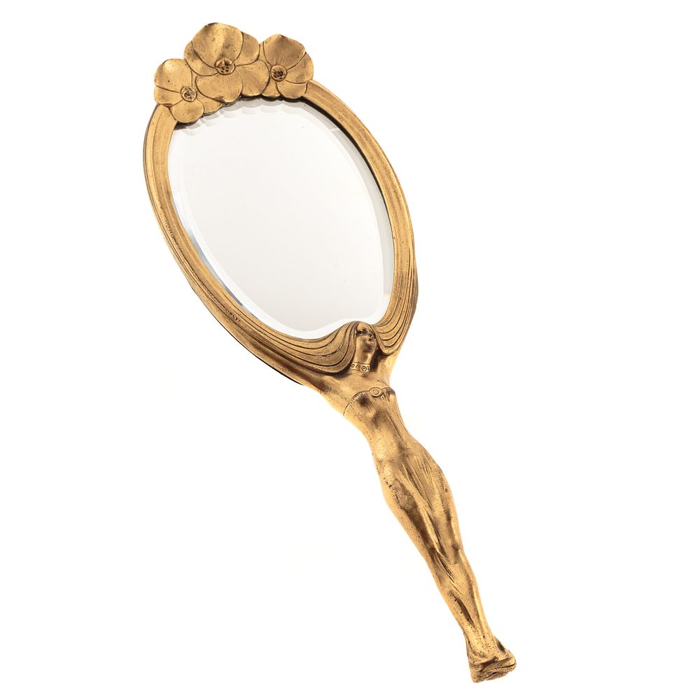 Appraisal: French Art Nouveau Gilt Bronze Hand Mirror Circa handle in