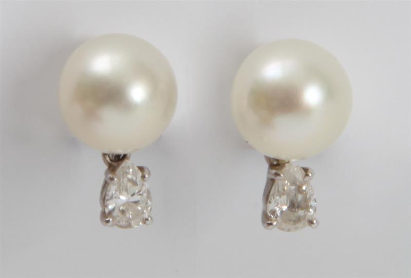 Appraisal: PAIR OF K WHITE GOLD CULTURED PEARL AND DIAMOND EARRINGS