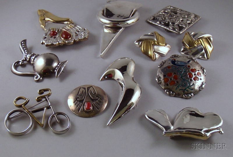 Appraisal: Nine Mostly Mexican Sterling Silver Brooches and a Pair of