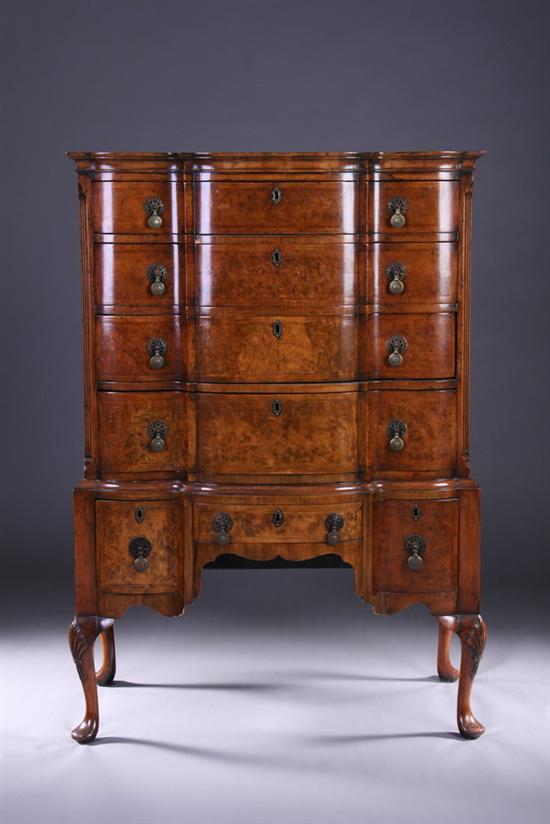 Appraisal: GEORGIAN STYLE BURL WALNUT SERPENTINE CHEST-ON-STAND th century in two