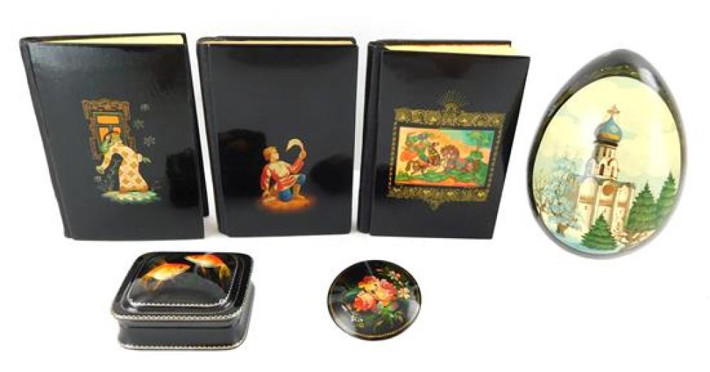 Appraisal: Russian hand-painted lacquer six pieces th C including three small