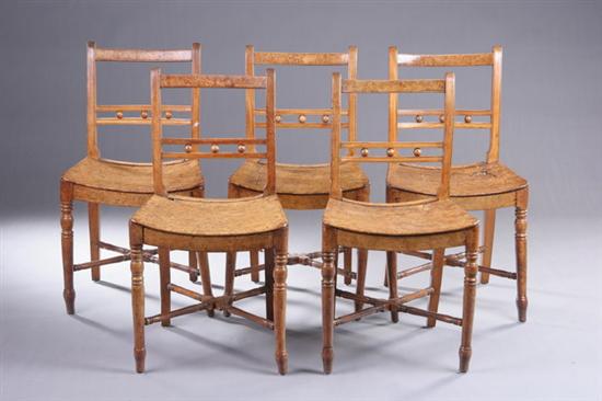 Appraisal: SET FIVE ASSEMBLED REGENCY BURL WALNUT SIDE CHAIRS early th