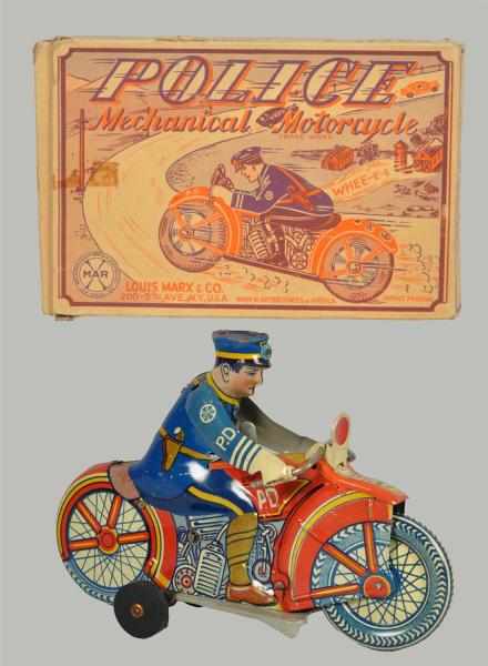 Appraisal: Tin Litho Marx Police Motorcycle Wind-Up Toy American Working Early