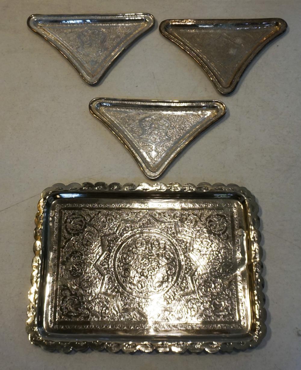 Appraisal: INDIAN SILVERPLATE TRAY AND THREE TRIANGULAR TRAYSIndian Silverplate Tray and