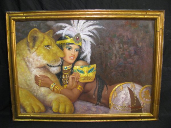 Appraisal: Painting on canvas mounted on a board depicting an exotically