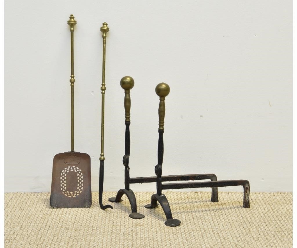 Appraisal: Pair of early wrought and brass andirons th c with