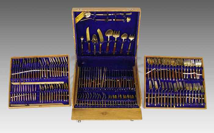 Appraisal: BRASS WOOD THAILAND FLATWARE SERVICE FOR Approx pieces by Urai