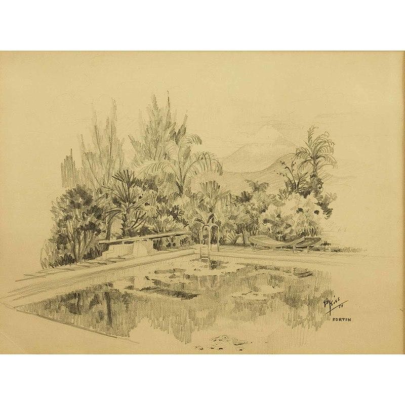 Appraisal: E K Kiss Graphite Drawing Framed swimming pool landscape graphite