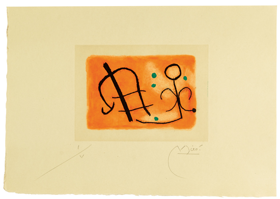 Appraisal: JOAN MIR Fus es Color aquatint printed in orange and