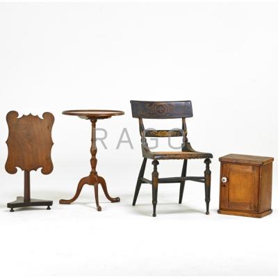 Appraisal: FURNITURE GROUP Dish-top candle stand miniature cabinet firescreen and cane