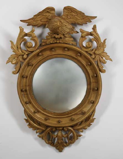 Appraisal: Regency-Style Pine Convex Mirror the circular plate surmounted by a