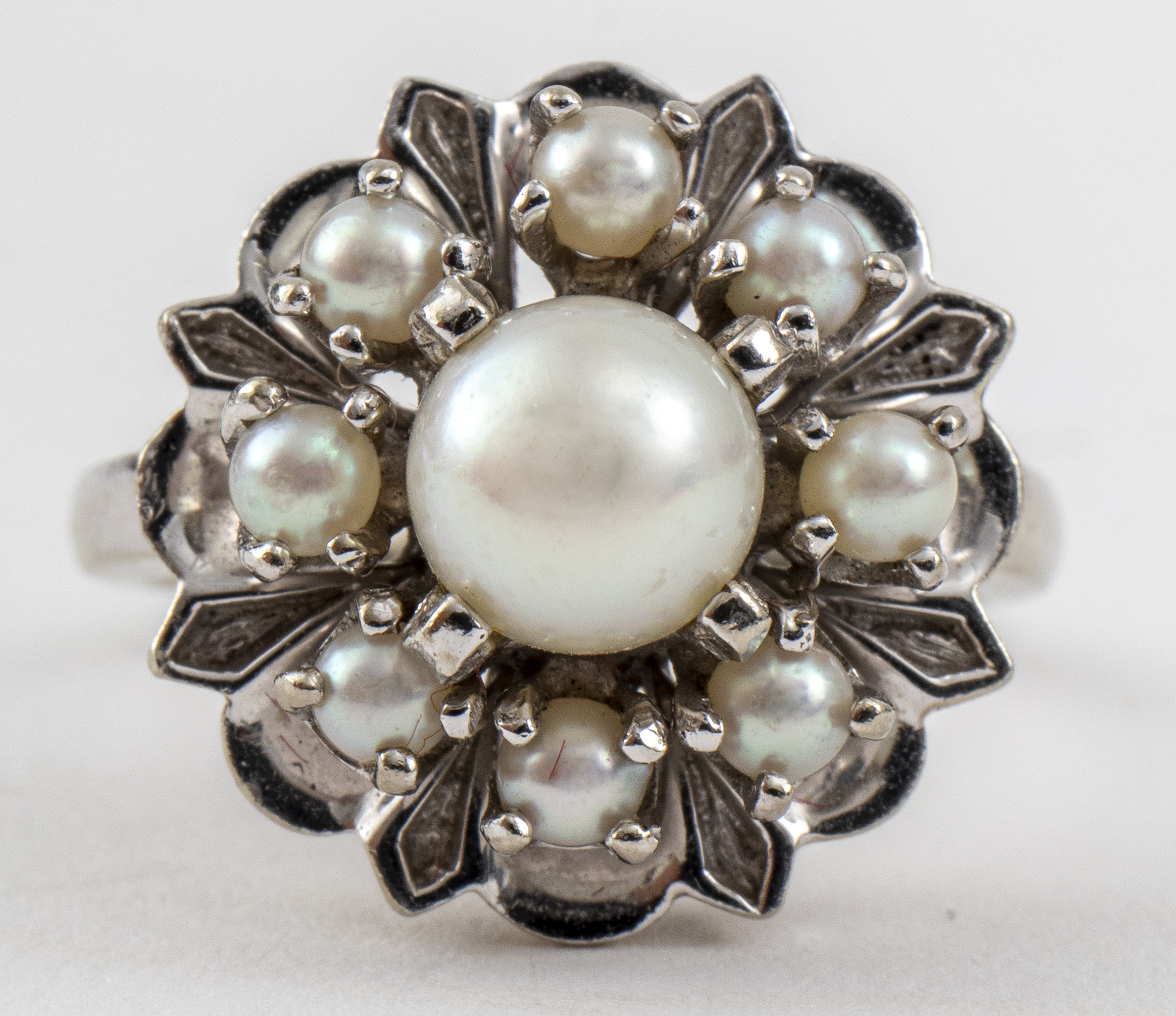 Appraisal: VINTAGE S K WHITE GOLD CLUSTER PEARL RING Vintage s