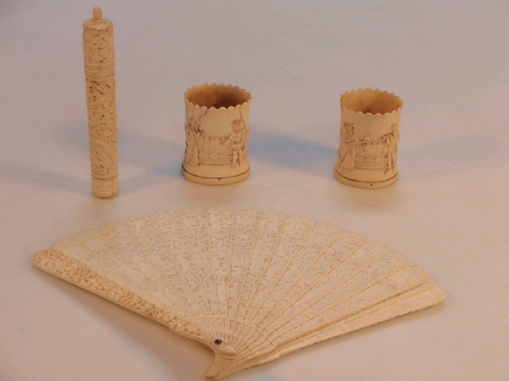 Appraisal: A Chinese ivory fan cm similar needle case and a