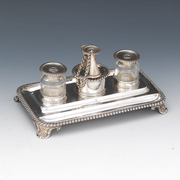 Appraisal: ENGLISH GEORGE III STERLING SILVER INKWELL STANDISH BY REBECCA EMES