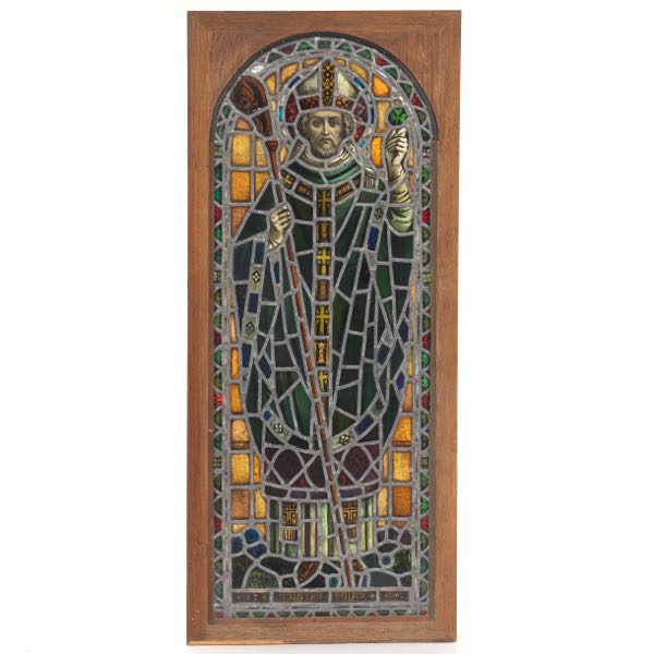 Appraisal: STAINED GLASS PANEL OF SAINT PATRICK CA x Arched panel