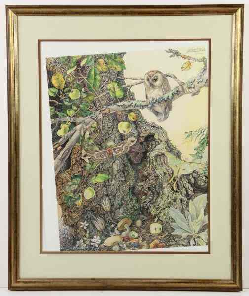 Appraisal: Signed Print by Sallie Middletontitled ''The Owl in the Apple