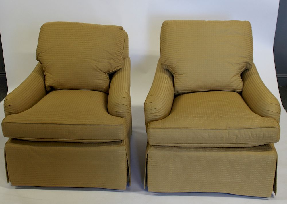 Appraisal: BAKER Signed pair of Upholstered Club Chairs From a Larchmont