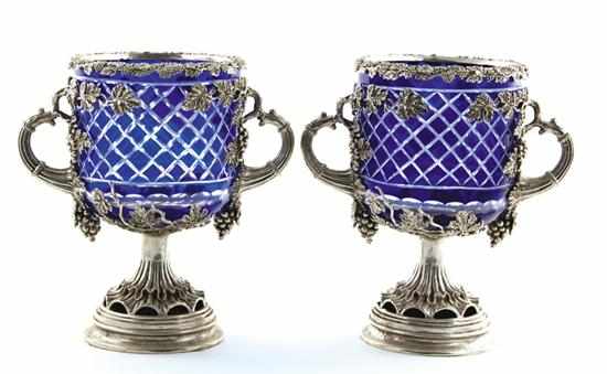 Appraisal: Pair silverplate-mounted cobalt glass wine coolers cut-to-clear glass bowl mounted